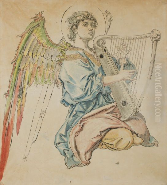 Cardboard for the Polychromy in the St Mary's Church - Figure of an Angel Playing the Lute Oil Painting by Jan Matejko