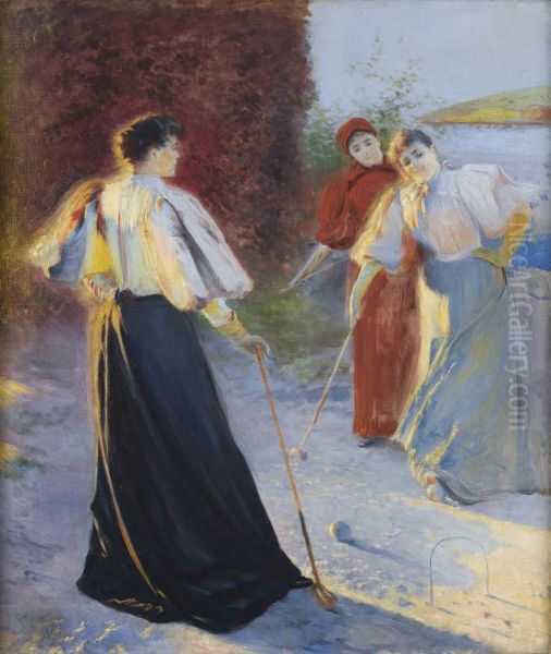 A Game of Crocquet Oil Painting by Leon Wyczolkowski