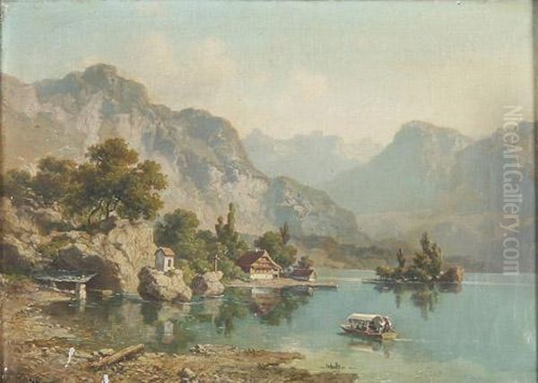 Gebirgssee, Im Vordergrund Ein Boot Mit Ausfluglern Oil Painting by Joseph Niklaus Butler