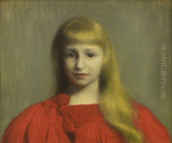 Little Girl in Red Dress Oil Painting by Jozef Pankiewicz