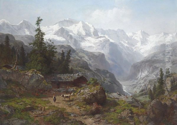 A View Of Lauterbrunnen With The Eiger, Monch And Jungfrau Mountains In The Distance Oil Painting by Joseph Niklaus Butler