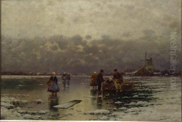 Vereistes Gewasser Mit Personen In Holland Oil Painting by Joseph Niklaus Butler