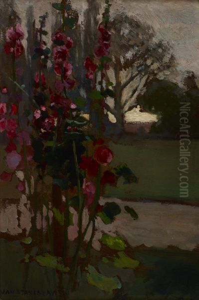 Hollyhocks - Polish Autumn Oil Painting by Jan Stanislawski