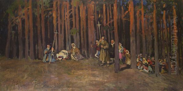 Group of Pilgrims Oil Painting by Julian Falat