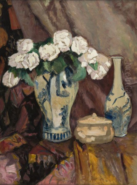 Still Life with White Roses in a Vase Oil Painting by Stefan Filipkiewicz