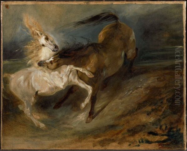 Two Horses Fighting in a Stormy Landscape Oil Painting by Eugene Delacroix