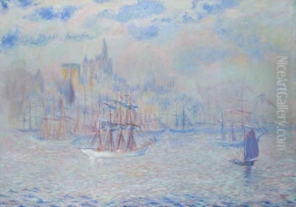 Ships In New York Harbor Oil Painting by Theodore Butler