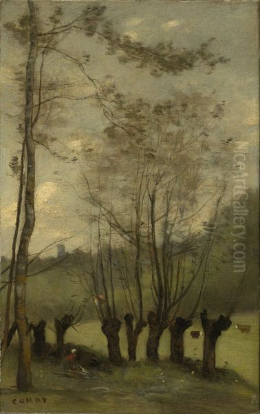 Meadow with Willows, Monthlery Oil Painting by Jean-Baptiste Camille Corot