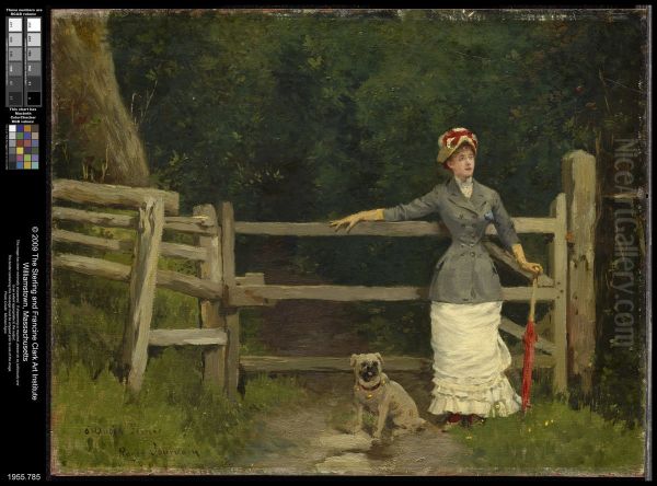 Woman and Dog at the Gate Oil Painting by Roger Jourdain