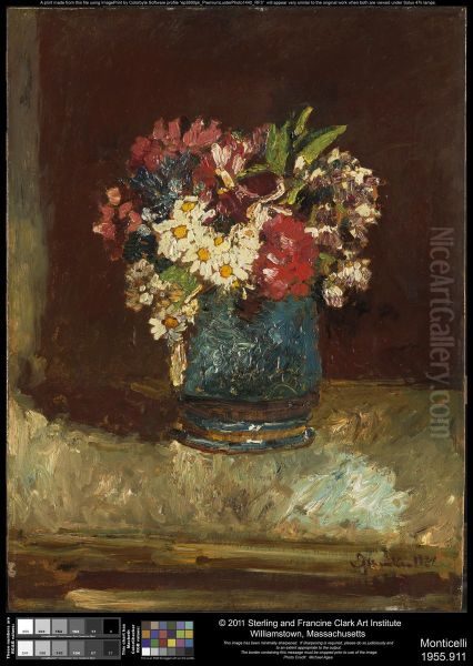 Flowers in a Blue Vase Oil Painting by Adolphe Joseph Thomas Monticelli