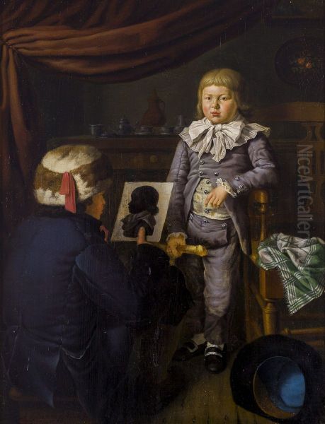 An Artist Painting a Silhouette Portrait of a Young Boy Oil Painting by Jacob Schwartzenbach