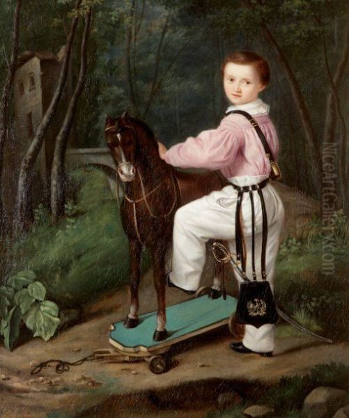 Portrait of a Child with a Toy Horse Oil Painting by Estelle de Barescut