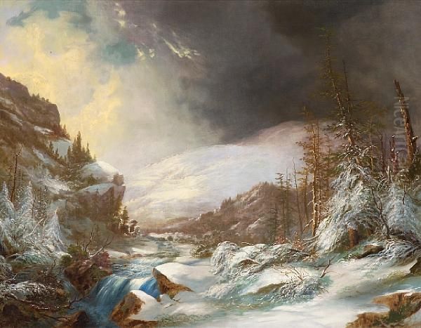 A Cascading Stream Through Snow-coveredmountains Oil Painting by Frederick A. Butman