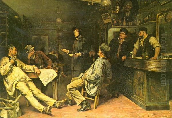 The Salvation Army. Miss Booth visiting a Paris Tavern. Oil Painting by Gustaf Cederstrom