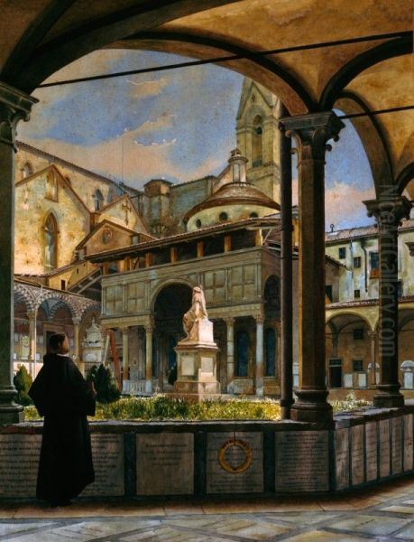 The Pazzi Chapel; The cloister of Santa Croce in Florence Oil Painting by Odoardo Borrani