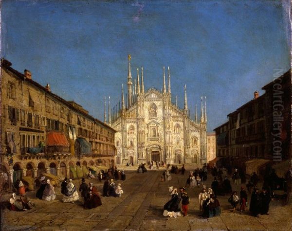 Veduta della piazza del Duomo di Milano Oil Painting by Giulio Rossi