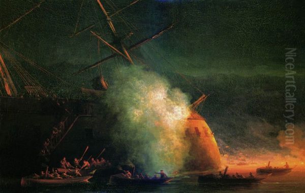 Mine attack by boats of the steamer Grand Duke Constantine on the Turkish battleship Assari-Shevket on the Sukhum roadstead on August 12, 1877 Oil Painting by Ivan Aivazovsky