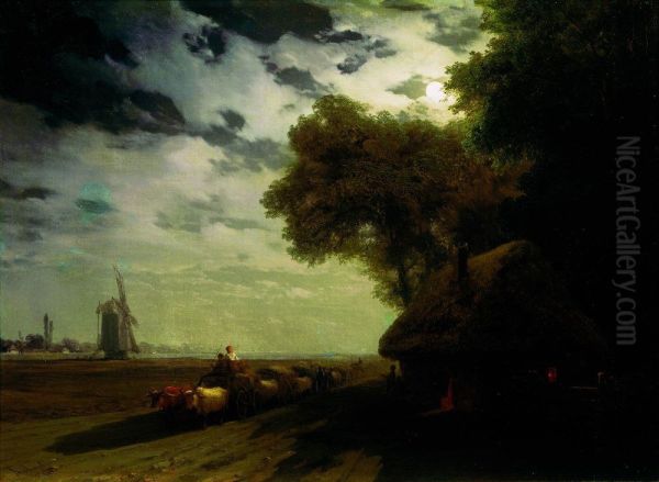 Ukrainian landscape with chumaks in the moonlight Oil Painting by Ivan Aivazovsky