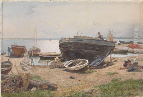 A Harbour on the Baltic Sea Oil Painting by Hans Gude