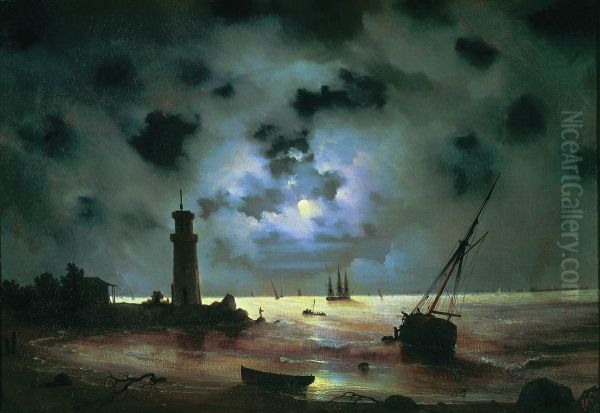 Sea coast at night. Near the beacon Oil Painting by Ivan Aivazovsky