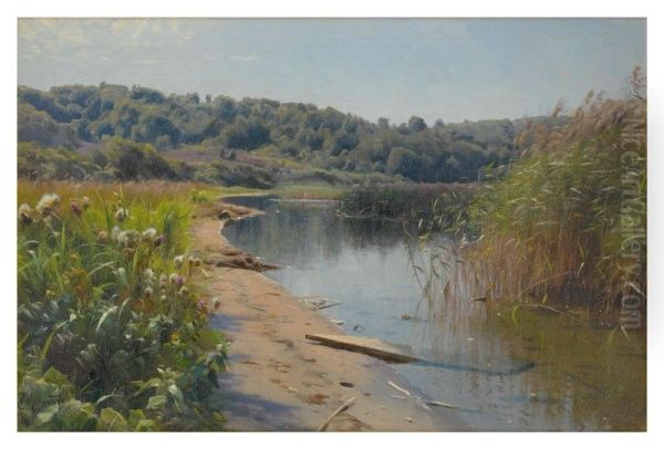 SUMMER REFLECTIONS ON A LAKE, SILKEBORG Oil Painting by Peder Mork Monsted