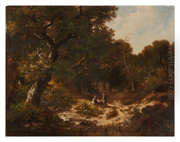 FIGURES ON A FOREST PATH Oil Painting by unknown