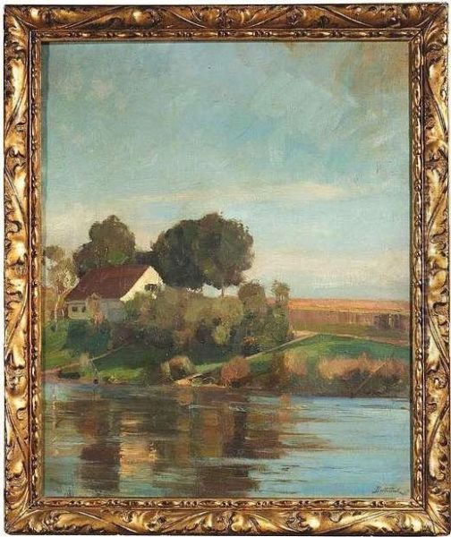 Summery River Landscape With A Farmhouse. Oil/canvas, Signed And Dated Oil Painting by Bernhard Buttersack