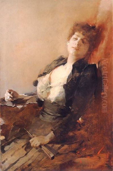 Portrait of a woman with a fan and a cigarette. Oil Painting by Franciszek Zmurko