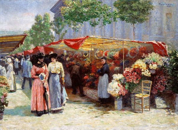 Flower market in front of the Madeleine church in Paris Oil Painting by Jozef Pankiewicz