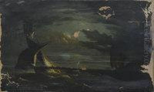 Moonlight Seascape With Two Frigates. Oil Painting by James Buttersworth