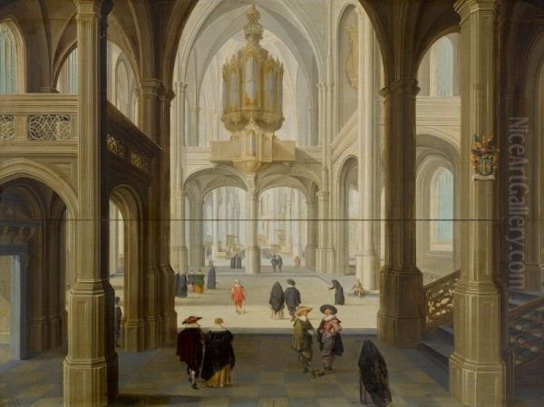 AN IMAGINARY CHURCH INTERIOR, WITH A LARGE PIPE ORGAN Oil Painting by unknown