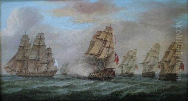 English And French Fleets In Line Of Battle Oil Painting by James E. Buttersworth