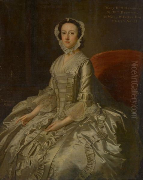 PORTRAIT OF MARY FFOLKES, NEE BROWNE (1721-73), THREE-QUARTER-LENGTH, SEATED WEARING A WHITE SATIN DRESS Oil Painting by unknown