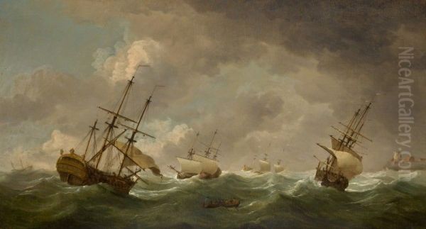 FRIGATES SHORTENING SAILS OFFSHORE Oil Painting by unknown