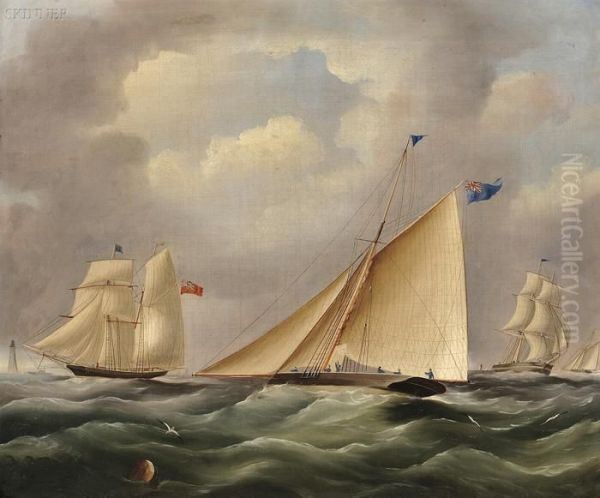 A Cutter And Other Shipping Near A Lighthouse Oil Painting by James E. Buttersworth