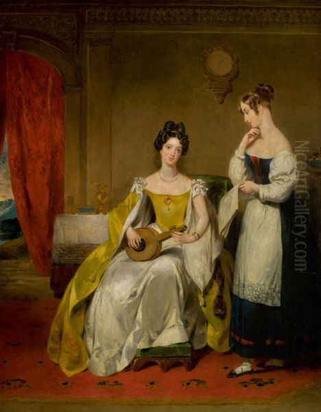 AN ELEGANT INTERIOR, WITH A YOUNG LADY HOLDING A SMALL GUITAR, TOGETHER WITH A LADY HOLDING A SHEET OF MUSIC Oil Painting by unknown