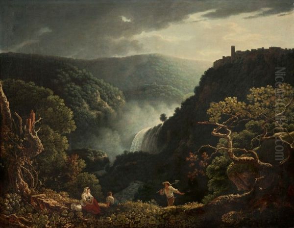 TIVOLI, A VIEW OF THE WATERFALLS WITH FIGURES IN THE FOREGROUND Oil Painting by unknown