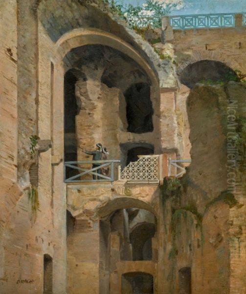 ROME, A VIEW OF THE PONTE DI CALIGOLA, IN THE IMPERIAL PALACES, PALATINE HILL, WITH TOURISTS AMONG THE RUINS Oil Painting by unknown