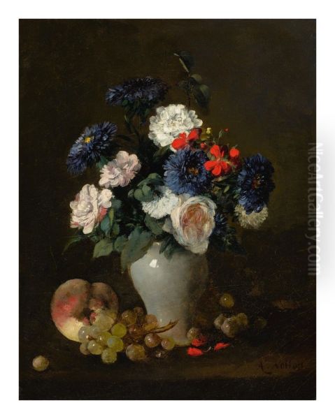 ASSORTED FLOWERS IN A VASE WITH GRAPES AND A PEACH ON A TABLE Oil Painting by unknown