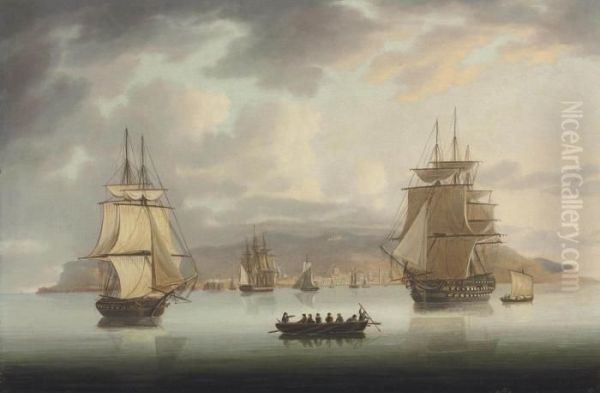 Funchal Roadstead, H.m.s. Blenheim With Greyhound And Harrier Outward Bound Oil Painting by Thomas Buttersworth