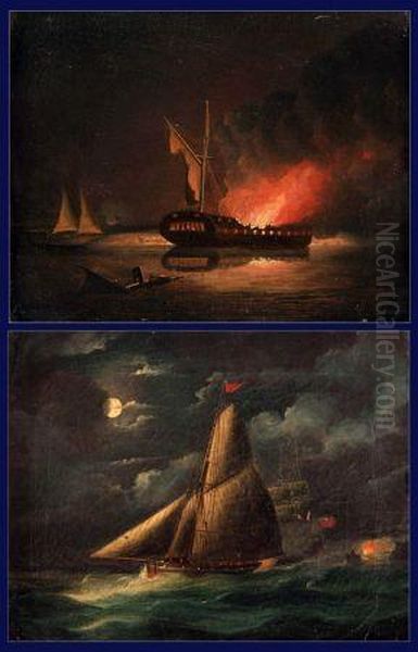 Naval Battle Scenes At Night Oil Painting by Thomas Buttersworth