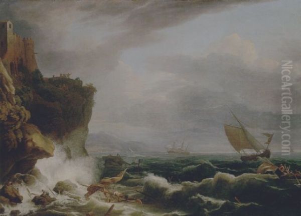 a-stormy-landscape-with-a-shipwreck-off-a-rocky-coast Oil Painting by Adrien Manglard