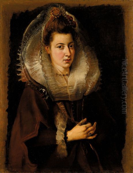 Portrait of a young woman, half-length, holding a chain Oil Painting by unknown