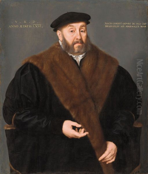 Portrait of Valentin Kotzler (1499-1564), half-length, in a fur lined black gown and a black hat Oil Painting by unknown