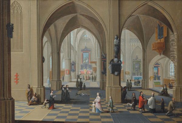 Interieur d'eglise anime de personnages Oil Painting by unknown