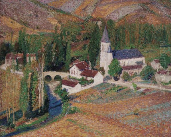 L'eglise de Labastide-du-Vert avec le pont et la rivere, un soir d'automne Oil Painting by unknown