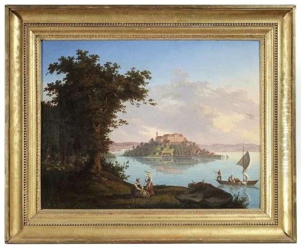 View From Lakeshore Of Lake Constance To Mainau Island With The Castle At Evening Light. Oil/canvas, Signed And Indistinctly Dated M. Wilhelm Von Baden, Princess Elisabeth And Castle Mainau Oil Painting by Peter Jakob Buttgen