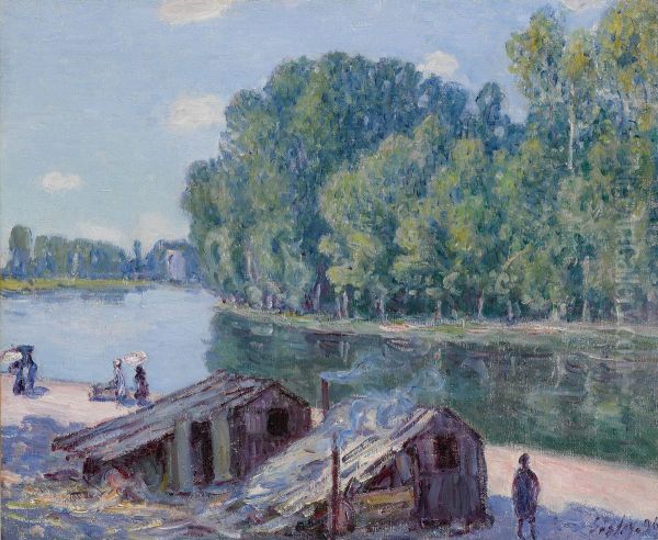 Cabins at the edge of the Loing Canal, effect of the sun Oil Painting by Alfred Sisley