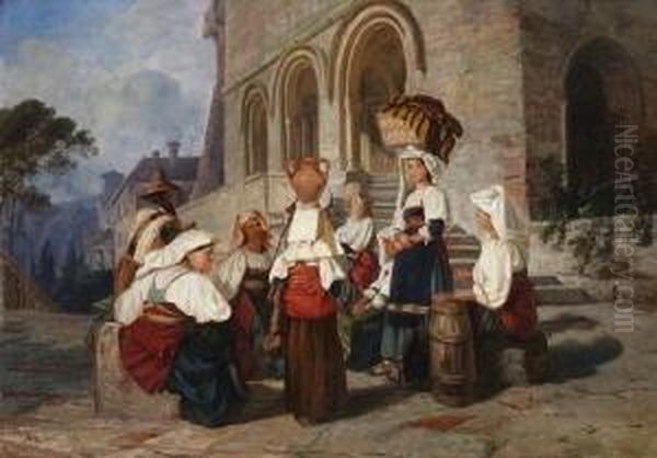 Italienische Bauerinnen Vor Einer
 Kirche. Oil Painting by Argelia Butti