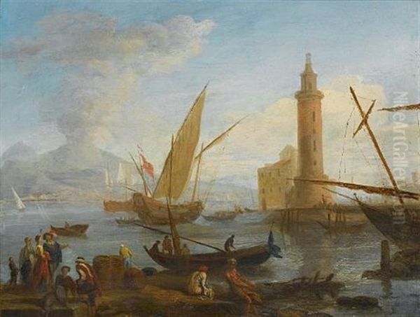 a-mediterranean-harbour-with-elegant-figures-on-the-quay-and-fishermen-with-their-nets Oil Painting by Adrien Manglard